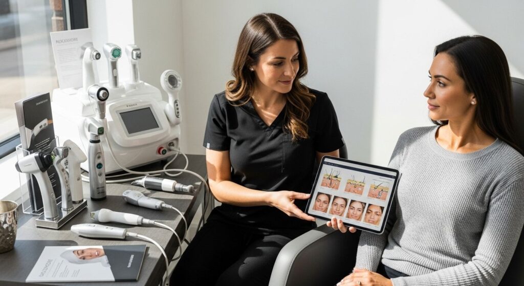 facial laser treatment consultation, skincare clinic, laser device variety